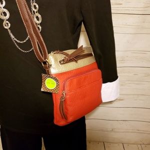 NWT Kelly & Katie gold, red, brown messenger bag